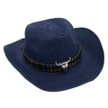 Detail of dark blue straw cowboy hat featuring ethnic pattern band and metal bull head - Navy Blue