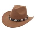 Classic western felt cowboy hat in tan color with ethnic silver studs on black leather band - M (56-58cm) / Ethnic Metal Decoration / Khaki