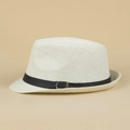 Elegant white breathable woven Panama fedora hat featuring a black leather buckle belt - Kids 54cm / Beige
