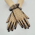 Elegant black long-finger lace gloves with mesh diamond pattern and ruffled wrist cuffs - Full Finger/Short / Black/Lace Edge