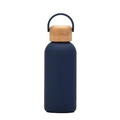 Close-up of matte dark blue vacuum bottle with bamboo texture lid and portable handle - Indigo Blue