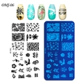 Vue détaillée de la plaque de stamping nail art OMJ-06 avec motifs tropicaux et flamants - Style Vacances Tropicales (OMJ-06)