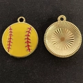 Pendentif baseball rond en émail jaune et coutures rouges pour bracelets DIY - Baseball Softball Jaune (23967)