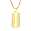 Hip hop gold razor blade pendant necklace with CNC pavé crystals on a pearl chain - Gold Blade Style (KN230660-KFC)