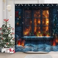 Dettaglio della tenda da doccia natalizia con finestra di baita calda e scatole regalo - Finestra di Capanna Innevata / 90*180cm