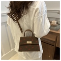Détail d'un sac à main en velours côtelé à motif fraise avec bandoulière sur un modèle - Marron