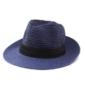 Detail of navy blue straw hat showing woven texture and decorative black fabric band - M(56-58cm) / Navy Blue