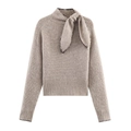 Schicker beiger Strickpullover mit Schluppenkragen und dunkelbraunen Kontrastkanten im Rippstrick - S / Khaki