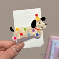 Barrette à cheveux teckel en acrylique crème avec pois colorés et motif chapeau de fête - Chien à Pois / Sans Carte