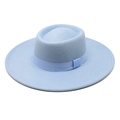 Detail of light blue wool felt boater hat with flat top, wide brim, and grosgrain ribbon - M (56-58cm) / Sky Blue