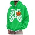 Neon green hoodie featuring Halloween rib cage print and orange pumpkin heart - S / Tops / Bright Green