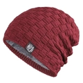 Burgundy knitted beanie with thick fleece lining and grid texture pattern for winter warmth - Burgundy