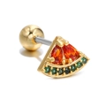 Watermelon shaped gold stud earring with red and green cubic zirconia stones - Watermelon