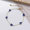 Detail of gold chain bracelet with five blue enamel heart charms and adjustable lobster clasp - Dark Blue Heart Enamel Bracelet (0428-3 Blue)