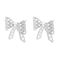 Detailed close-up of silver bow stud earrings with intricate hollow-out texture - Hollow Bowknot Style (VE1326 Silver)