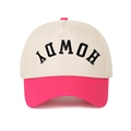 Detail shot of the HOWDY embroidery and color-block design on the pink baseball cap - Beige/Rose Red