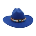 Dark blue western felt fedora hat featuring an ethnic turquoise beaded leather band - Sapphire Blue