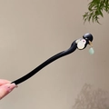 Ebony wood hairpin with white jade rabbit and green jade pendant for Hanfu style - 155# Green Jade Water Drop Rabbit (Ebony Wood)