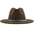 Detailed view of dark brown wide brim felt hat with silver Cuban chain decoration - Khaki