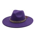 Detail of purple fedora hat featuring colorful woven band and stylish flat wide brim - M (56-58cm) / Purple