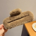Large plush claw clip in light brown faux fur with a minimalist square design for hair - Plush Long Rectangular Style / Coffee