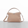 Beige woven crossbody bag with top handle and silver metal twist lock closure - Apricot