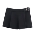 Fashionable black high waisted pleated mini skirt with side silver buckle belt detail - XS / Black