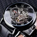 Forsining vintage skeleton mechanical watch with black leather strap and golden movement - Black Case Black Dial Silver Accents