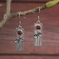 Vintage silver branch earrings with antique rectangular pendant and bright red gemstone - Red (P)