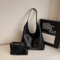 Minimalist black leather hobo bag with silver rivet details and matching pouch set - Black with Studs