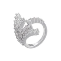 Macro shot of silver ring with tiered clear gemstones in a feather wing design - VJ669 White Gold