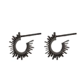 Detailed close-up of black stainless steel sunburst stud earrings with geometric design - Sunflower Black