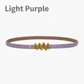 Light purple genuine leather skinny belt for women with wavy gold metal buckle - Light Purple