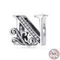 925 sterling silver letter N charm with zircon stones and vintage floral patterns - Letter N