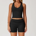 Set yoga nero con canotta scollo a V e pantaloncini a vita alta con coulisse - S / Canotta + Pantaloncini / Nero Premium