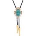 Western bolo tie featuring a green turquoise stone and golden crown in a black leather cord - 18 (Gold with Green Striped Stone)