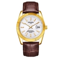 Men's quartz watch with gold fluted bezel, white dial, and brown crocodile leather strap - Brown Strap Gold Case White Dial Men's