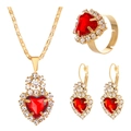 Golden bridal jewelry set with red heart-shaped rhinestones, necklace and earrings - Heart Shape KC Gold Red Style (6139)