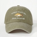 Olive green washed cotton baseball cap with embroidered Fish Fear Me fish graphic - One Size / Dark Khaki