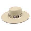 Detail of wool felt wide brim hat featuring a bohemian geometric patterned hatband - M (56-58cm) / Beige