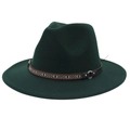 Detailed macro view of dark green wool fedora hat with ethnic patterned ribbon and leather band - M (56-58cm) / Dark Green