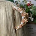 Golden hair claw clip with pink crystals and white pearls on golden blonde hair - Sunstone + Deep Sea Pearl Gold Hair Claw