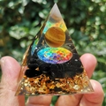 Handmade Orgone pyramid with black stones, copper flakes, and wooden sphere on top - Tiger Eye Ball Mandala Black Stone / Small