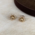 Elegant silver needle pearl stud earrings with zircon halo in vintage french style - Silver Earring Post - Coffee