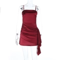 Sleeveless burgundy satin mini dress with elegant side ruching and delicate spaghetti straps - S / Burgundy