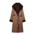 Slim fit brown wool coat with large faux fur collar and adjustable waist belt - XS / Dark Brown