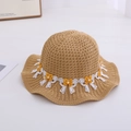 Khaki straw sun hat for girls with white lace daisy trim and pearl flower detail - Pearl Flower / Circumference 50-53cm / Khaki