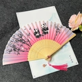 Pink silk folding fan with bamboo-ink panda print and elegant pink silk tassel - Panda Bamboo - Pink