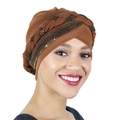 Detail of dark brown turban hat featuring a braided twist design with gold thread accents - Light Coffee