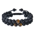 Doppelreihiges geflochtenes Armband mit mattschwarzen Perlen und Tigerauge-Steinen - 8mm Mattstein-Armband